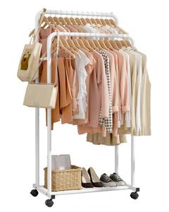 lot 62076 image: Sakugi Clothes Rack - Clothing Rack with Storage Mesh Shelf & Casters, Heavy-Duty Metal Clothing Rack for Hanging Clothes, Dresses, Coats, Large Load Capacity, Easy Assembly, White, 28.0x16.0x59.0 - Retail $38