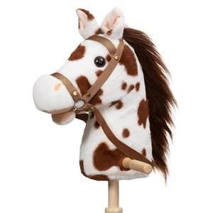 lot 62077 image: HollyHOME Stick Horse Plush Handcrafted Hobby Horse on a Stick with Wood Wheels Real Pony Neighing and Galloping Sounds for Kids Toddlers Appaloosa 36 Inches (AA Batteries Required) - Retail $38