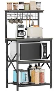 lot 62082 image: Furologee Kitchen Bakers Rack, Microwave Stand with Storage 4 Tiers, Coffee Bar Station with 6 S Hooks and Pegboard, Kitchen Shelves Rack for Spices, Pots, Black Oak - Retail $50