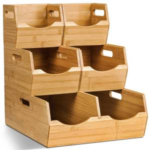 lot 62084 image: Upgraded 3-tier Stackable Bamboo Pantry Storage Bins, Potato and Onion Storage Baskets with Handles, Removable Divider, Pantry Organizer Holder for Kitchen, Office, Cabinet, Fruit Storage - Retail $55