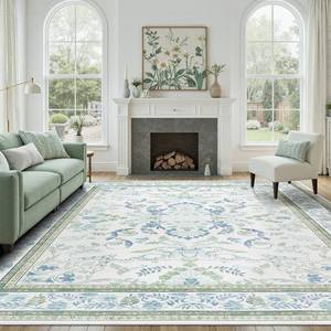 lot 1003 image: $105 DCX Green 8x10 Rug, Kid & Pet Friendly with Rubber Back Non Slip, Machine Washable Stain Resistant Botanical Floral Rug for Living Room, Bedroom, Soft Low Pile Large Nursery Carpet