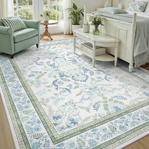 $105 DCX Green 8x10 Rug, Kid & Pet Friendly with Rubber Back Non Slip, Machine Washable Stain Resistant Botanical Floral Rug for Living Room, Bedroom, Soft Low Pile Large Nursery Carpet