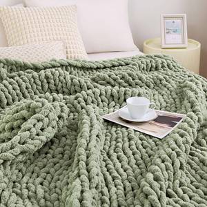 lot 1009 image: Admitrack Chunky Knit Blanket Throw, 100% Hand Knit Chenille Throw Blanket for Sofa & Home Decor, Soft and Cozy Knitted Throw Blankets (Sage Green 51x63)