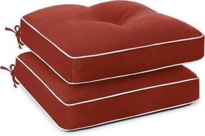 lot 1125 image: Favoyard Patio Chair Cushions 19   19 Inch Water Resistant & 3-Year Color Fastness Outdoor Chairs Cushion for Seat Dining Rocking Wicker Chair Cushion with Tie Straps Tufted Square Pads, Red, 2 Pack