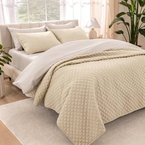 lot 1234 image: Bare Home Coverlet Set - FullQueen - Lightweight Bed Decor - Comforter Alternative - All-Season Quilted Bedspread (FullQueen, Sand)