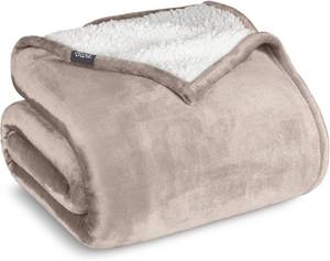 lot 1276 image: Bare Home Sherpa Fleece Blanket - FullQueen Size - Blanket for Bed, Sofa, and Couch - Warm & Lightweight - Fluffy & Soft - Reversible (FullQueen, Light Taupe)