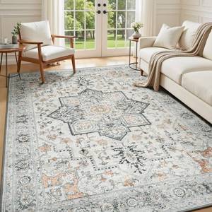 lot 1290 image: Lessymo 8x10 Area Rugs for Living Room, Washable Rug for Bedroom Kitchen Dining Room, Soft Vintage Carpet Non Slip, Large Boho Rug Low Pile for Entryway Dorm Nursery Kids Room Bedside, GreyBrown