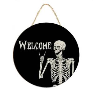 lot 7169 image: Spooky Skeleton Welcome Wreath Wooden Sign Welcome Theme Round Porch Decorative For Farmhouse Outdoor Garden Yard Hello Hanging Door Sign Decor Plaque 12x12 Inch