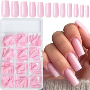 lot 7187 image: LuckForever 240pc Square Press on Nails Long Fake Nails, Long Press on Nails Square Nail Tips Full Cover Pink Acrylic Nails Press ons Nail False Fingernail with Glue Adhesive Tabs for Women Girls