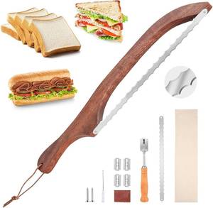lot 7198 image: VZZNN 12 Pcs Sourdough Bread Knife Slicer for Even Slicing - Double Serrated Blade for Bagels, Baguettes - Stainless Steel Slicer for Thin, Even Cuts - Includes Bow Tool and Wooden Bowl Cutter
