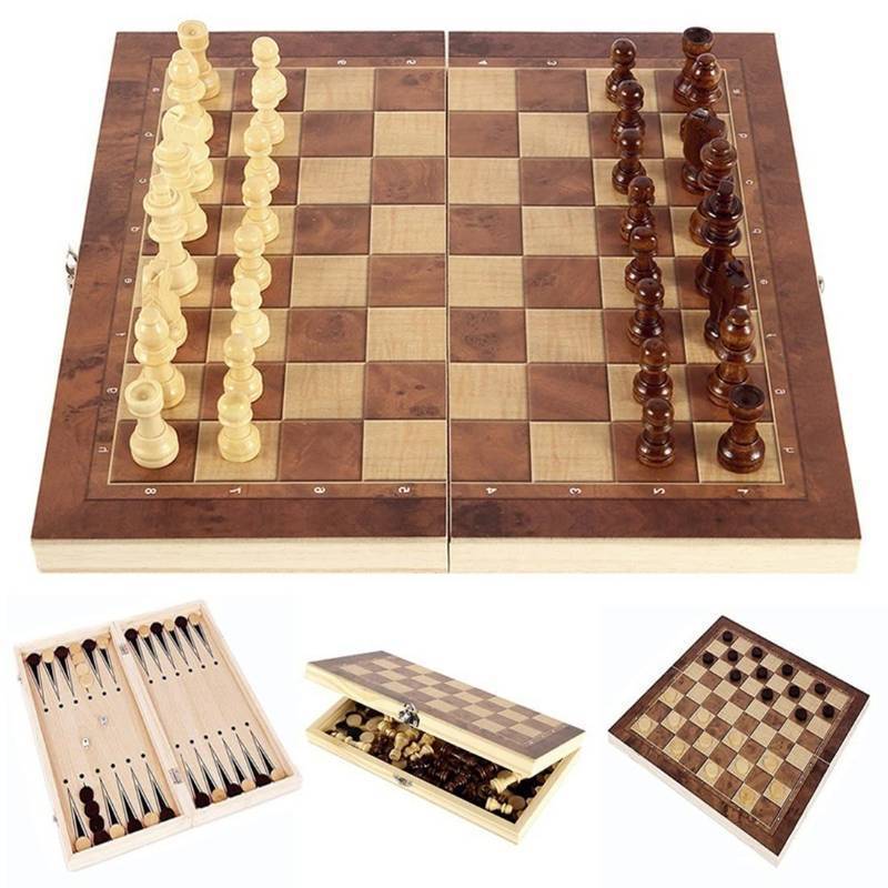 lot 1103 image: Folding Storage Wooden Chess Board Sets - 3 in 1 Chess Board Game for Adults and Kids (Backgammon, Checkers), Exquisite Wooden Chess Set - Retail $20