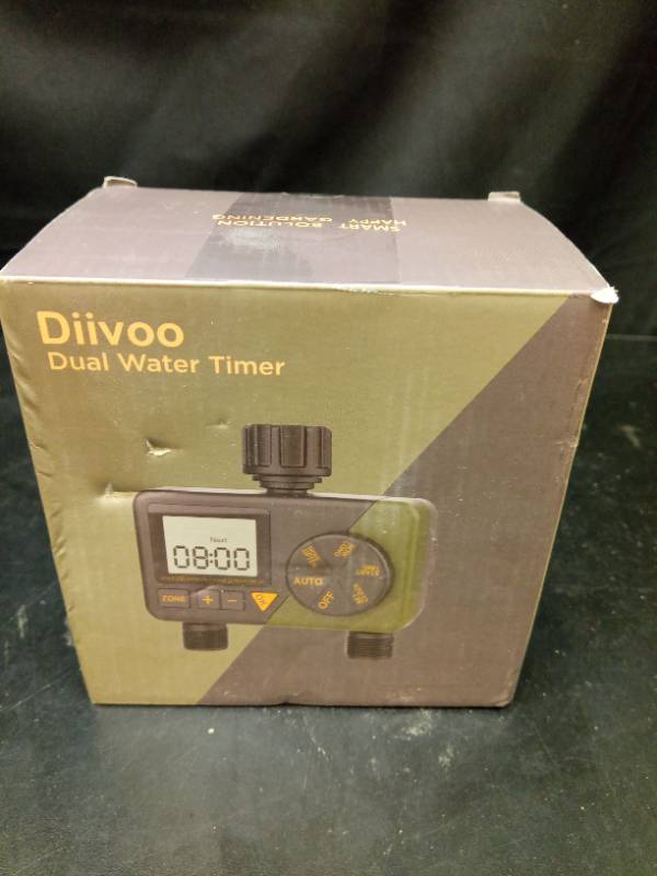 lot 1101 image: Diivoo Sprinkler Timer 2 Zone, Programmable Water Hose Timer 2 Outlet for Garden, Outdoor Automatic Irrigation System IPX5 Waterproof with Rain DelayManual for Lawn, Yard, Pool - Retail $40