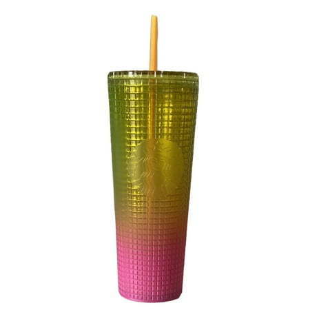 lot 1105 image: NEW Starbucks 2022 Lemon Yellow Pink Gradient Ombre Grid 24oz Venti Tumbler - Retail $20