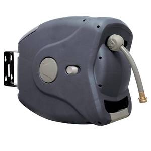 lot 1009 image: Sunneday 100ft Retractable Hose Reel 58  Automatic Retractable wWall Mount  Easy to Assemble Reel wFlexible Swivel Mount  (100ft. Charcoal) - Retail $180