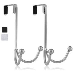 lot 1037 image: HFHOME 2Packs Over The Door Double Hanger Hooks, Metal Twin Hooks Organizer for Hanging Coats, Hats, Robes, Towels- Silver - Retail $8