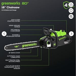 lot 1055 image: Greenworks 80V Brushless Cordless Chainsaw with 18 Inch Bar and Case with battery and charger, tested works - Retail $430