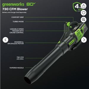 lot 1056 image: Greenworks Pro 80V Cordless Leaf Blower, tested and DOES NOT TURN ON, tool only, no charger or battery - Retail $200
