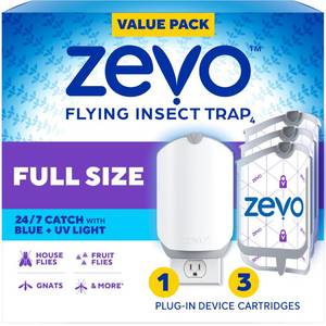 lot 1084 image: (2) Zevo Flying Insect Traps - Plug in Fly Trap & Indoor Bug Catcher for Gnats, House & Fruit Flies - Blue & UV Light Technology, Mess-Free Alternative to Bug Zapper - Retail $25