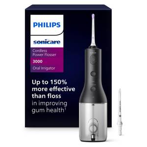 lot 1136 image: Philips Sonicare Cordless Power Flosser 3000 - Water Flosser with Innovative Quad Stream Technology, Oral Irrigator with 2 Flossing Modes and 3 Pressure Levels, IPX7 Waterproof, Black, HX382623 - Retail $80