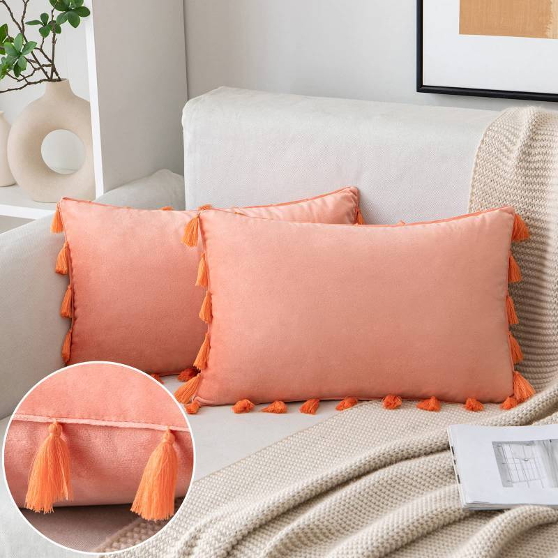 lot 2029 image: MIULEE Pack of 2 Velvet Soft Solid Decorative Throw Pillow Cover Coral Red with Tassels Fringe Boho Accent Cushion Case for Couch Sofa Bed 12 x 20 Inch - Retail $18