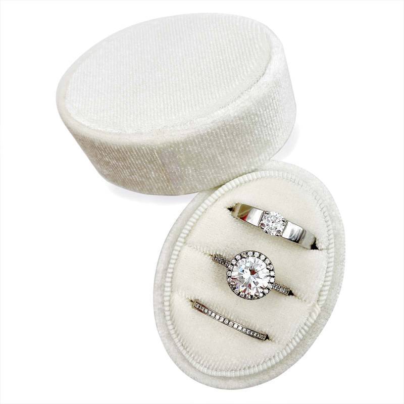 lot 2044 image: Beatilog Oval Velvet Ring Box 3 Slots- Premium Wedding Ring Box Vintage Handmade Rings Holder Storage Display Jewelry Organizer Case for Wedding Ceremony, Christmas (Ivory) - Retail $14