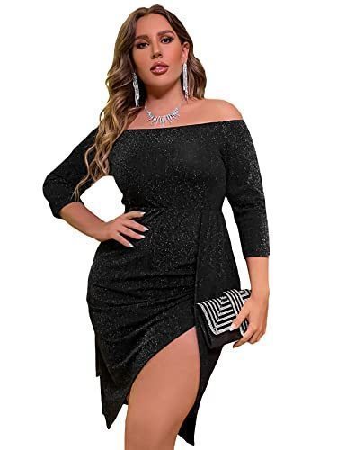lot 2121 image: Off The Shoulder 34 Sleeve Wrap Hem Cocktail Party Glitter Dress Black 4XL Retail $35.92