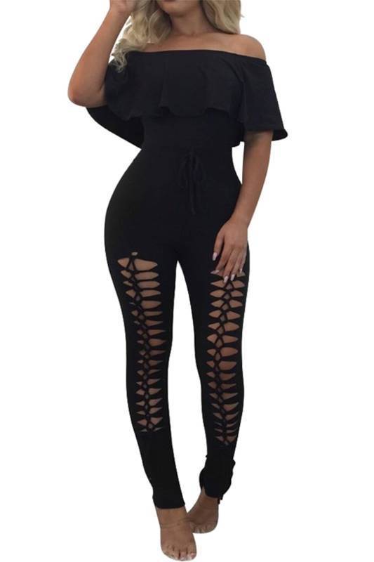 lot 2123 image: PRETTYGARDEN Off Shoulder Bodycon Jumpsuit Rompers Ruffle Sleeve Hollow Out (Black,Small) Retail $27.90