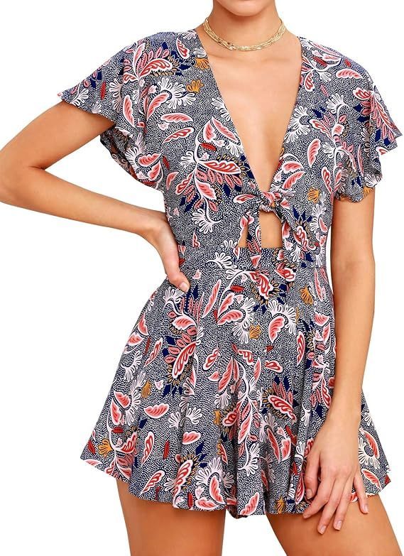 lot 2125 image: AGQT Women��s Sexy V Neck Self Tie Front Romper 2025 Summer Short Jumpsuit Playsuit Outfit Mini Dress, Romper Dress, Boho Romper,Rompers for Women Summer Dressy (M,BlueOrange - Retail $43
