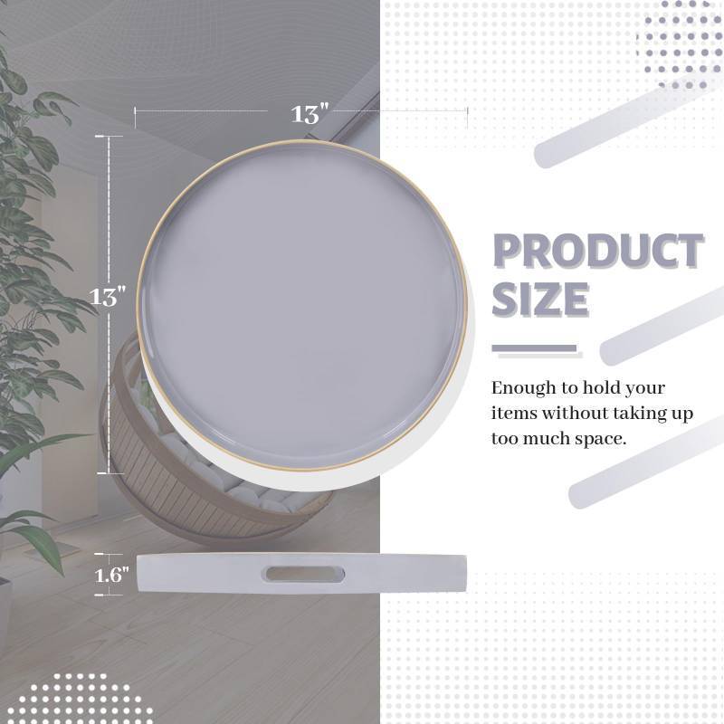 lot 2002 image: MAONAME 13 Gray Round Tray, Grey Serving Tray with Handles, Modern Round Decorative Trays for Coffee Table, Plastic Trays for Ottoman, Bathroom, Decor - Retail $24