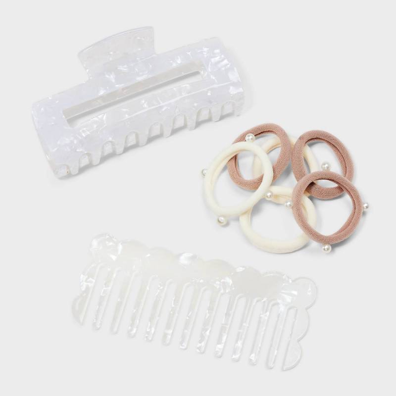 lot 2003 image: Womens Comb, Hair Ties and Claw Hair Clip Set 8pc - A New Day�� Ivory - Retail $10