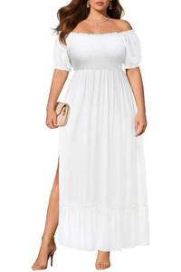 lot 2099 image: Pinup Fashion White Maxi Dress Plus Size Women Summer Off Shoulder Casual Boho Beach Bridal Shower Long Smocked Sundress with Pocket - Retail $37