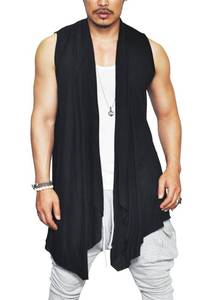 lot 2119 image: COOFANDY Mens Ruffle Shawl Collar Sleeveless Cardigan Lightweight Cotton Long Length Drape Cape Vest,Black,Large - Retail $30