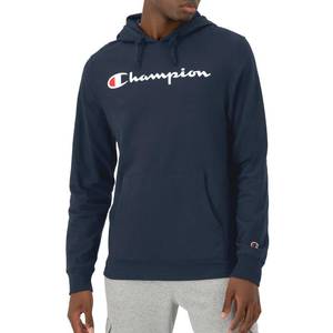 lot 2137 image: Champion Mens Pullover T-Shirt Hoodie, Standard Fit, Midweight, Script Logo, Navy - Classic Script Logo, Large - Retail $28