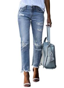 lot 2143 image: Sidefeel Women Floral Patchwork Distressed Raw Hem Slim Fit Denim Pants XL Size 16 Blue - Retail $0