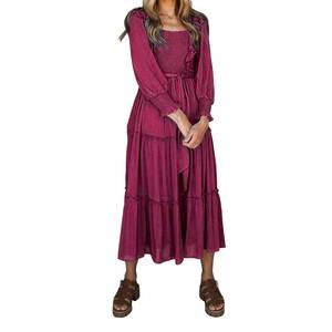 lot 2150 image: Byinns Womens Long Sleeves Smocked Waist Maxi Dress Elegant Ruffle Square Neck Dresses Rose Red - Retail $130,228