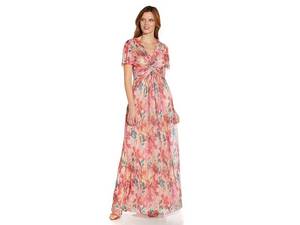 lot 2152 image: Adrianna Papell Printed Metallic Crinkle Floral Twist Front Gown (Alabaster Multi) Womens Dress - Retail $229