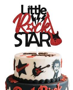 lot 8 image: Little Rock Star Cake Topper,Funny Music Theme Baby Shower Cake Topper,Cute Baby Guitars Cake Decoration,Funny Rock And Roll Party Supplies For Baby Shower Party Black Red - Retail $8