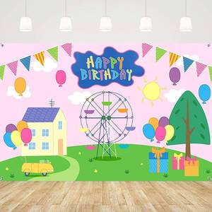 lot 9 image: Happy Birthday Backdrop Colorful Cartoon House Sky Flag Car Photography Background Cartoon Pink Pig Theme Banner for Baby Shower Birthday Party Decorations, 72.8 x 43.3 Inch - Retail $10