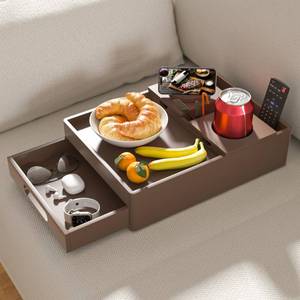 lot 22 image: Couch Cup Holder Tray, 7-in-1 Couch Caddy Tray, Sofa Side Table with Push-Pull Drawer to Organize and Store Small Objects, 360°Swivel Phone Holder, for Drinks, Cups, Snacks, Remote��Chestnut�� - Retail $34