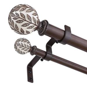 lot 42 image: Wolistsa Walnut Wood Double Curtain Rod 36-76 Inch, Boho Decorative Dual Curtain Rods for Windows, 1 Adjustable Heavy Duty Double Rod, Unique Handmade Imitation Wood Grain Leaf Finials Design - Retail $32