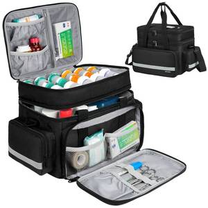 lot 47 image: Large Pill Bottle Organizer, Double Layers Medicine Storage Bag with Lockable Zippers and Shoulder Strap,Medication Travel Bag for Prescription Bottles, Vitamins & Medical Supplies, Black (Bag Only) - Retail $29