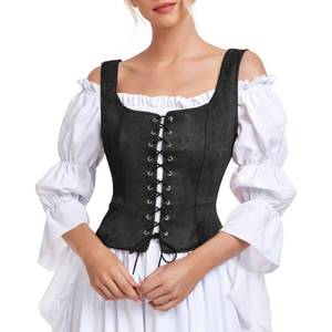 lot 82 image: Century Star Black Corset Tops for Women Pirate Vest Renaissance Costume Women Ren Faire Medieval Victorian Floral Lace Up Steampunk Gothic Viking Bodice Crop Bustier Halloween Costumes Plus Size M - Retail $26