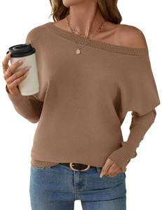 lot 83 image: Womens Fall Pullover Sweaters Off The One Shoulder Batwing Sleeve Knit Tops Oversized Outfits Crochet Top Brown M - Retail $28
