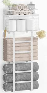 lot 93 image: Towel Racks for Bathroom Wall Mounted, 4 tire Bath Towel Storage - with 2 Pack Towel Shelf and Floating Shelves Over Toilet, Rolled Towel Holder Shelf Organizer, Sturdy Metal & Wood, 34inch, White - Retail $29