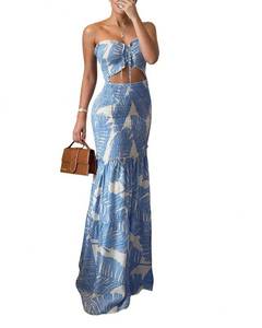 lot 94 image: CHICME Floral Printed Prom Dress Drawstring Ruched Shirred Bandeau Party Dress Slim Fit Ruffle Hem Wedding Guest Dresses Blue-S - Retail $46