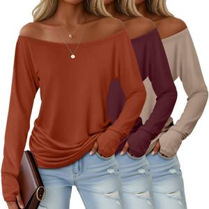 lot 97 image: Huukeay 3 Pack Off The Shoulder Boat Neck Tops for Women, Long Sleeve Thumbhole Side Ruched Shirts Loose Causal Tunic Tees(Pumpkin, Burgundy, Khaki,Medium) - Retail $41