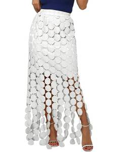 lot 102 image: Kissonic Womens Long Fringe Maxi Skirt Summer Hollow Out Boho Elastic High Waist Skirt(White-S) - Retail $40