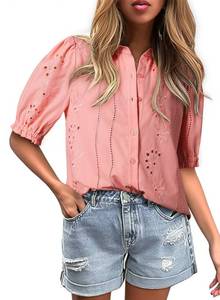 lot 109 image: Dokotoo Blouses for Women Dressy Casual 2025 Summer Fashion Solid V Neck Turn Down Collared Button DownShirts Tops Business Short Sleeve Hollow Out Floral Lace Embroidered Shirts Pink L - Retail $20
