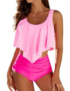 lot 114 image: Edelqual Tankini Swimsuits for Women Plus Size Tummy Control Bathing Suit Two Piece Top Modest Full Coverage High Waisted Bikini Bottom Swimwear Set 2025(Rose Pink S) - Retail $30