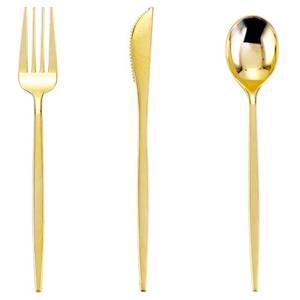 lot 123 image: PULOTE 150PCS Gold Plastic Silverware Disposable - Heavy Duty Gold Plastic Cutlery - Gold Plastic Utensils Set Include 50 Knives,50 Forks,50 Spoons for Party&Wedding - Retail $28